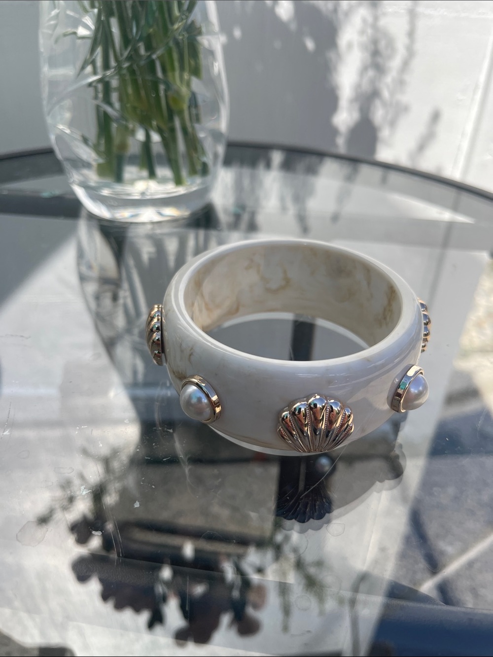 White Resin Pearl and Shell Accent Bangle